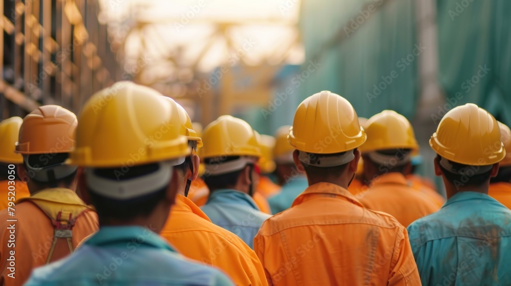 Construction workers stand and talk in the morning before work at the warehouse under the construction site. Construction workers stand and talk in the morning before work at the warehouse under the construction site.