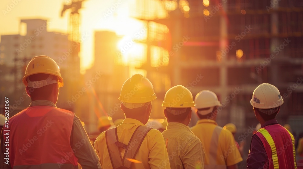 Construction workers stand and talk in the morning before work at the warehouse under the construction site. Construction workers stand and talk in the morning before work at the warehouse under the construction site.
