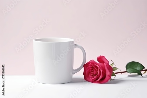 A serene and simple setting with a white coffee mug alongside a delicate pink rose on a soft background. Minimalist Coffee Mug with Pink Rose