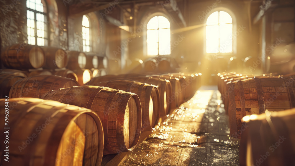 A sunlit barrel room in a winery