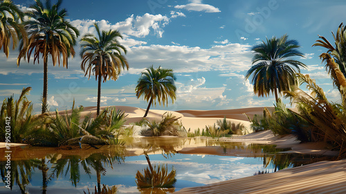 A desert oasis in Egypt  featuring a small water body surrounded by palm trees and sand dunes  offering a glimpse of life and greenery amidst the vast  arid landscape. -  1 