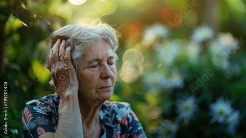 Elderly woman in outdoor park for anxiety, headache, stress, burnout or depression in nursing home