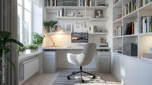 Bright and modern Scandinavian home office design with sleek furniture and natural light