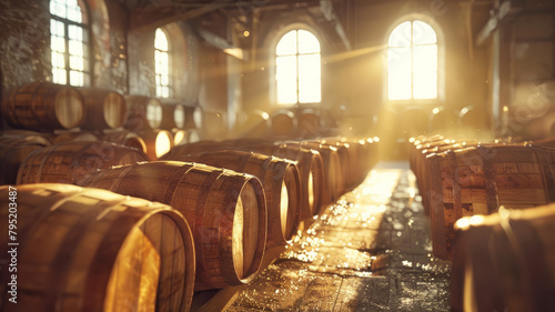 A sunlit barrel room in a winery