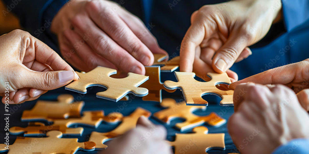 Teamwork Concept with Jigsaw Puzzle, Business Strategy and Solution in Hand Teamwork Concept with Jigsaw Puzzle, Business Strategy and Solution in Hand