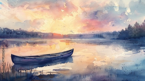 Tranquil Morning Watercolor of Lakeside Sunrise © Butsarakham