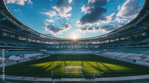 A stadium with a large green field and a goal