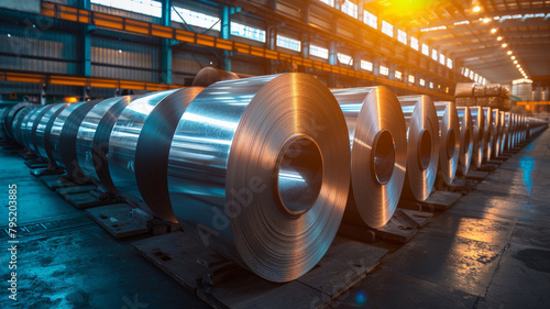 Aluminum rolls in industrial warehouse
