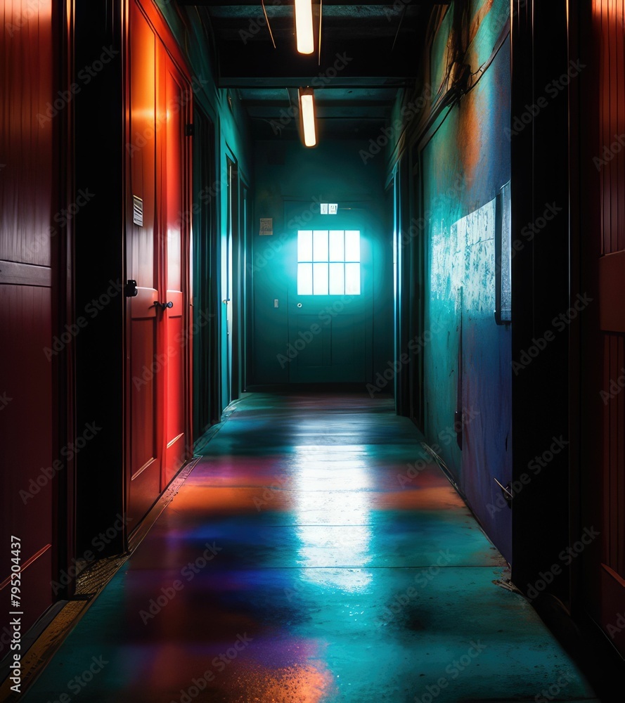 Dark corridor perspective view, turquoise and red color tone.