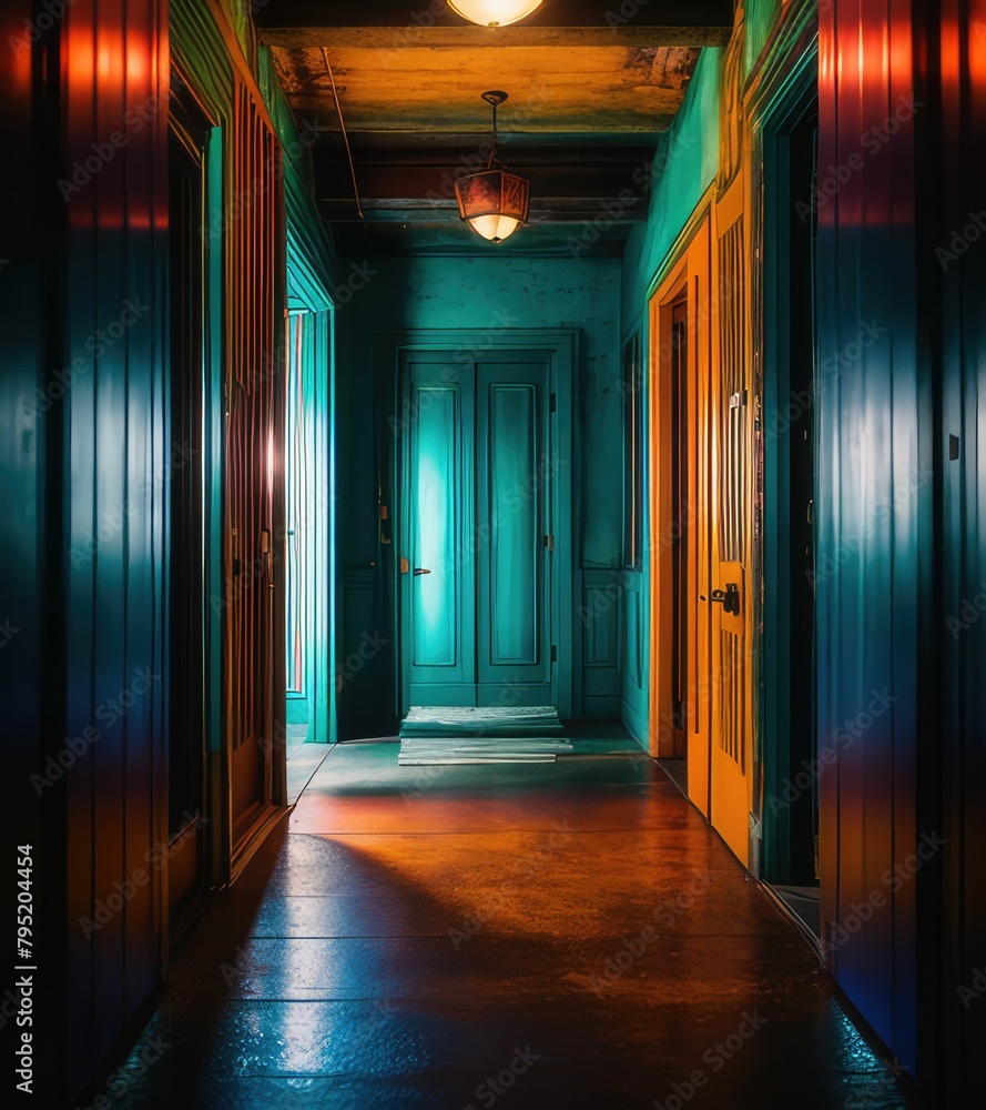 Obraz premium Dark corridor perspective view, turquoise and red color tone.