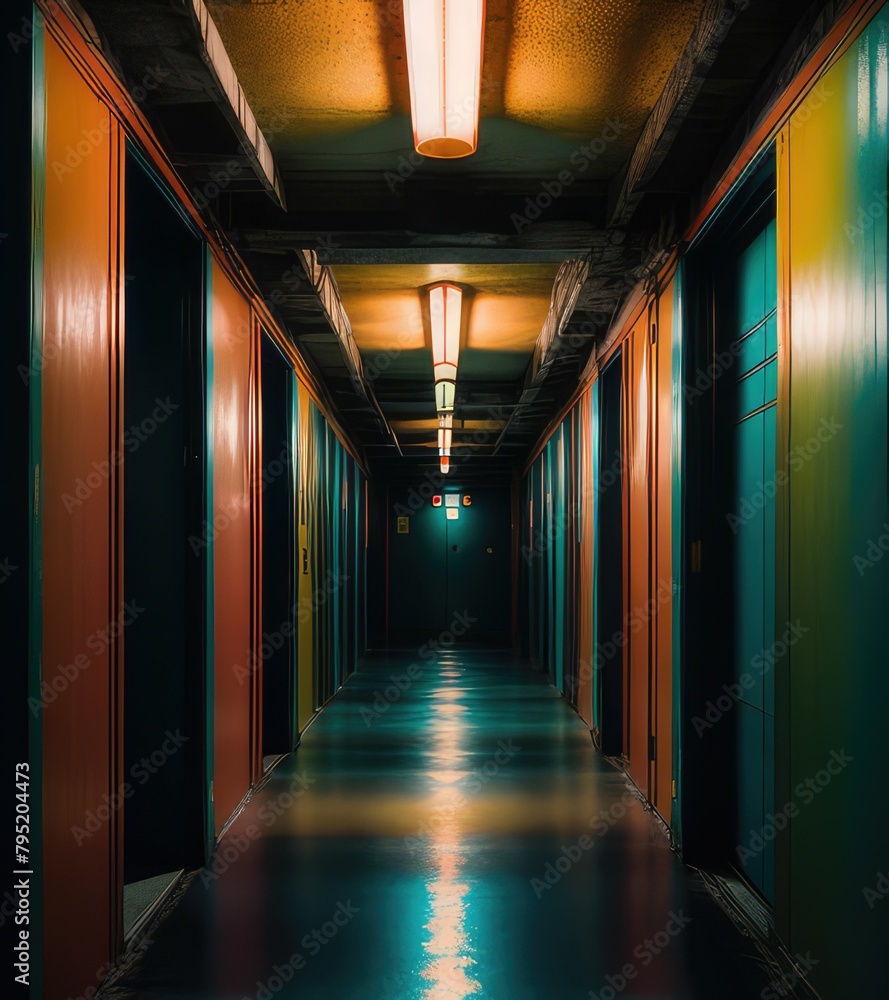Dark corridor perspective view, turquoise and red color tone.