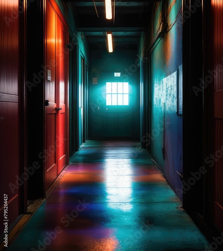 Dark corridor perspective view, turquoise and red color tone.