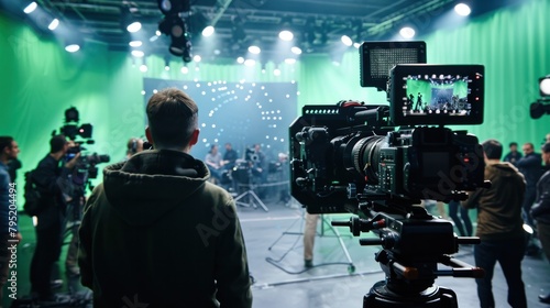 A large professional movie studio, a crew shoots a blockbuster movie. The director orders the cameraman to start shooting green screen CGI scenes with the actors.