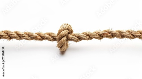 A close up of a rope with a knot in the middle on a white background.