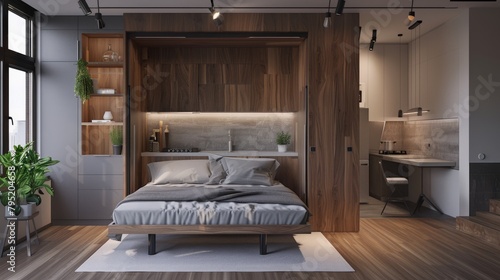 Modern studio apartment design featuring elegant wood accents and compact living spaces