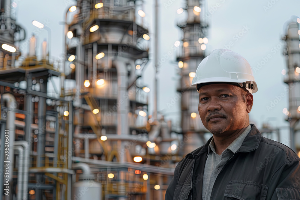 Male engineer wearing a hard hat, positioned in front of an oil refinery complex within a sprawling petrochemical industrial park Male engineer wearing a hard hat, positioned in front of an oil refinery complex within a sprawling petrochemical industrial park