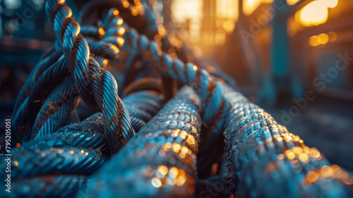Close-up of a coiled marine rope at sunset photo