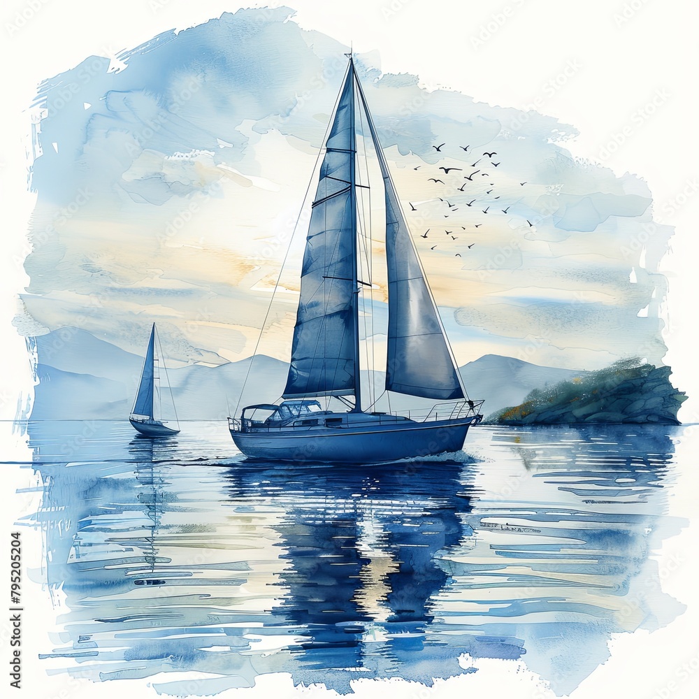 A watercolor painting of two sailboats on a calm sea with distant mountains.