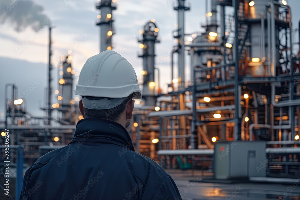 Male engineer wearing a hard hat, positioned in front of an oil refinery complex within a sprawling petrochemical industrial park Male engineer wearing a hard hat, positioned in front of an oil refinery complex within a sprawling petrochemical industrial park
