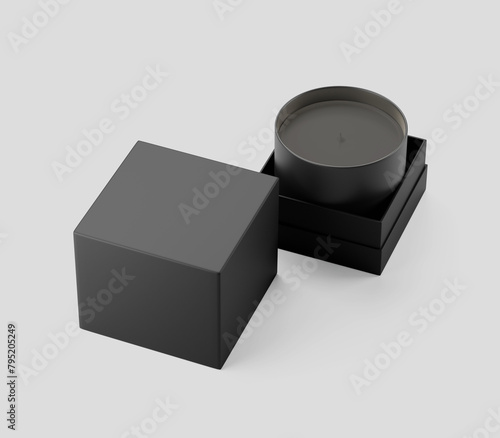 Black Rectangular Box, Dark Candle Box with wax candle in packaging, 3d Rendered isolated on light background