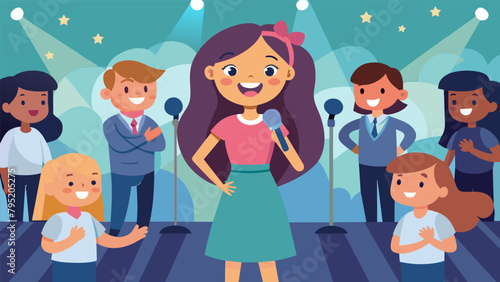 With her classmates gathered around her a shy young girl braves her first solo performance at a school talent show. As she sings her heart out