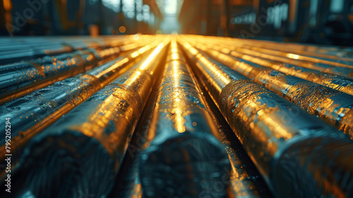 Steel round billets under sunlight, industrial environment photo