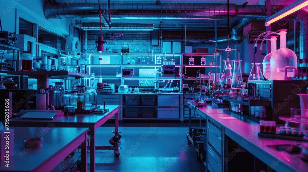 A brightly lit lab with a neon blue hue