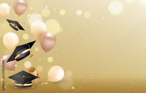 Graduation background with graduation cap and gold balloons photo