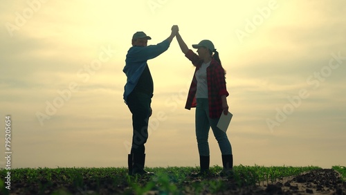 Handshake signing contract. Farmers Businessmen shaking hands sunset outdoor, silhouette man woman. Concept teamwork business. Business owners conclude contract. Cooperation, partnership in business