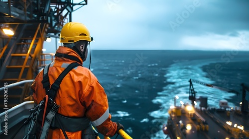 Industrial Worker Overlooking Offshore Operations at Dusk. Safety and Exploration Concept. Marine Engineering and Energy Production Background. AI