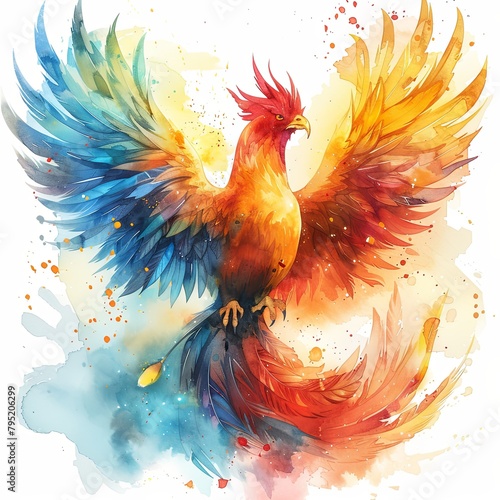 A watercolor painting of a phoenix rising from the ashes with a blue and yellow background. © Pachara