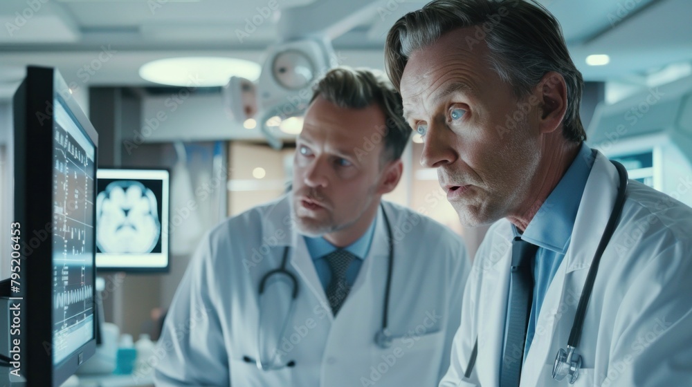 Neurologist and neurosurgeon talk use computer Analyzing a patient's MRI scan. Brain diagnosis. Health clinic lab. Neurologist and neurosurgeon talk use computer Analyzing a patient's MRI scan. Brain diagnosis. Health clinic lab.