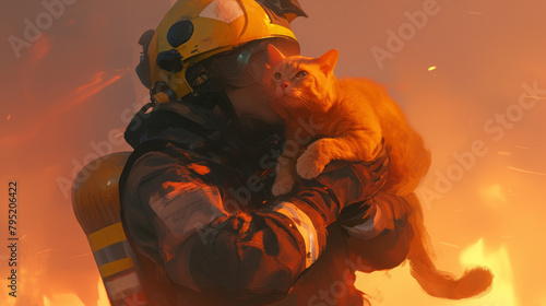 A firefighter rescuing a cat from a tree, with the cat gently nestled in their arms, the scene takes place in a suburban neighborhood, creating a heartwarming and heroic atmosphere