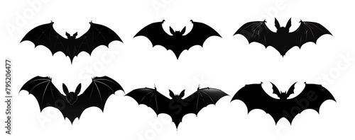 A set of black bat wings are shown in various positions Set of png elements.