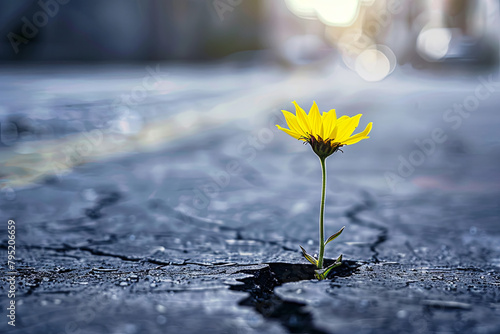 Vibrant yellow blossom emerging from a fissure in the pavement, symbolizing resilience and hope