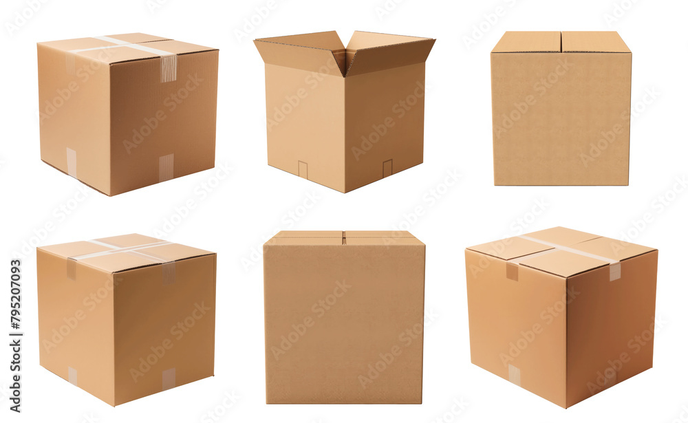 A set of six cardboard boxes, all of which are empty Set of png elements. A set of six cardboard boxes, all of which are empty Set of png elements.