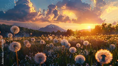 Wonderful field dandelions with blooming flower at sunrise in rural landscape. AI generated image photo