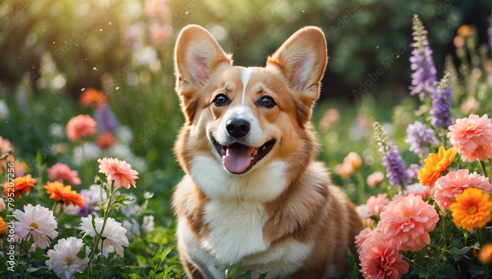 Happy domestic corgi dog in a blooming garden of a country house Happy domestic corgi dog in a blooming garden of a country house