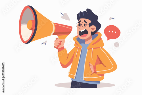 A flat vector illustration of a young man talking into a loudspeaker megaphone