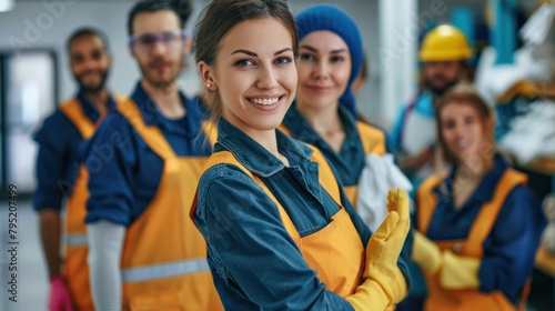 A team of positive cleaning staff Dress in uniform and gloves. Cheerfully pose for photos with cloth in hand.