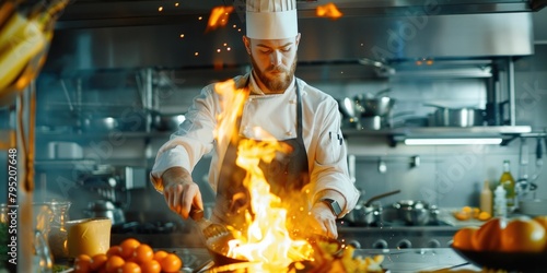 A professional chef, chef style, he works in a modern kitchen with ingredients all around him. photo