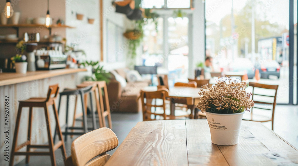 Fototapeta premium A restaurant with a table and chairs, a potted plant on the table