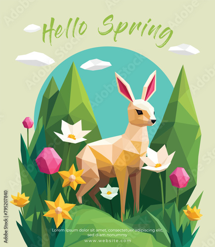 Hello spring card template with low poly deer with flowers and nature geometric polygonal style vector illustration