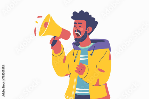 A flat vector illustration of a young man talking into a loudspeaker megaphone