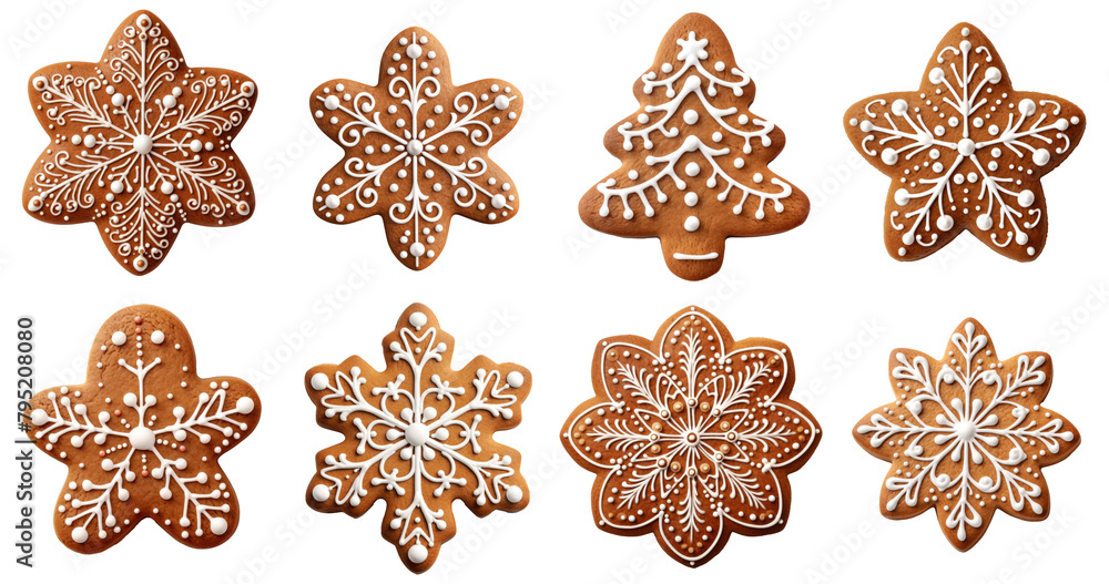 A row of gingerbread cookies with snowflakes and trees on them Set of png elements. A row of gingerbread cookies with snowflakes and trees on them Set of png elements.