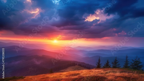 Panoramic golden sunset in the mountains landscape scene. AI generated image