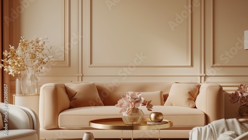 Beige living room interior with sofa, coffee table and decorative flower on wall photo