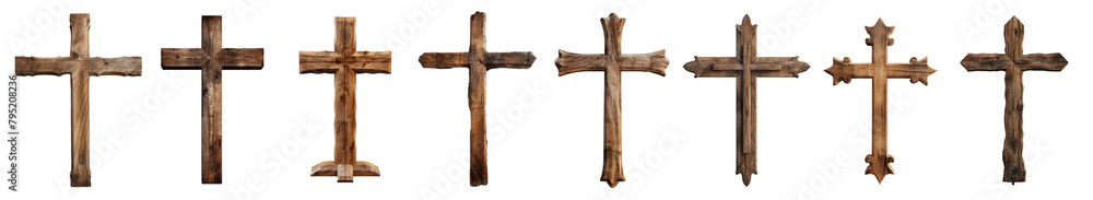 A row of wooden crosses are lined up in a row Set of png elements. A row of wooden crosses are lined up in a row Set of png elements.