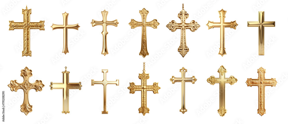 A row of gold cross pendants are displayed on a white background Set of png elements.