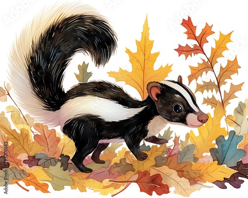 A playful depiction of a baby skunk wandering through a carpet of leaves, its distinctive stripes bold against the multicolored leafy background, a hint of whimsy in its posture, white background , vi photo